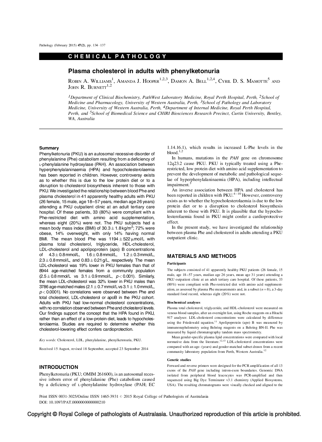 Plasma cholesterol in adults with phenylketonuria