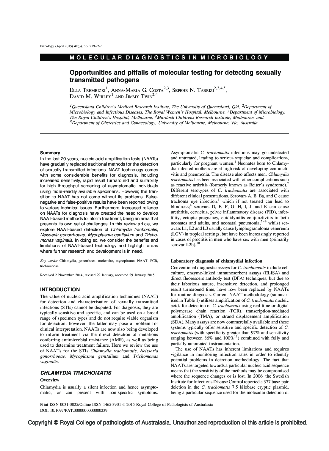 Opportunities and pitfalls of molecular testing for detecting sexually transmitted pathogens