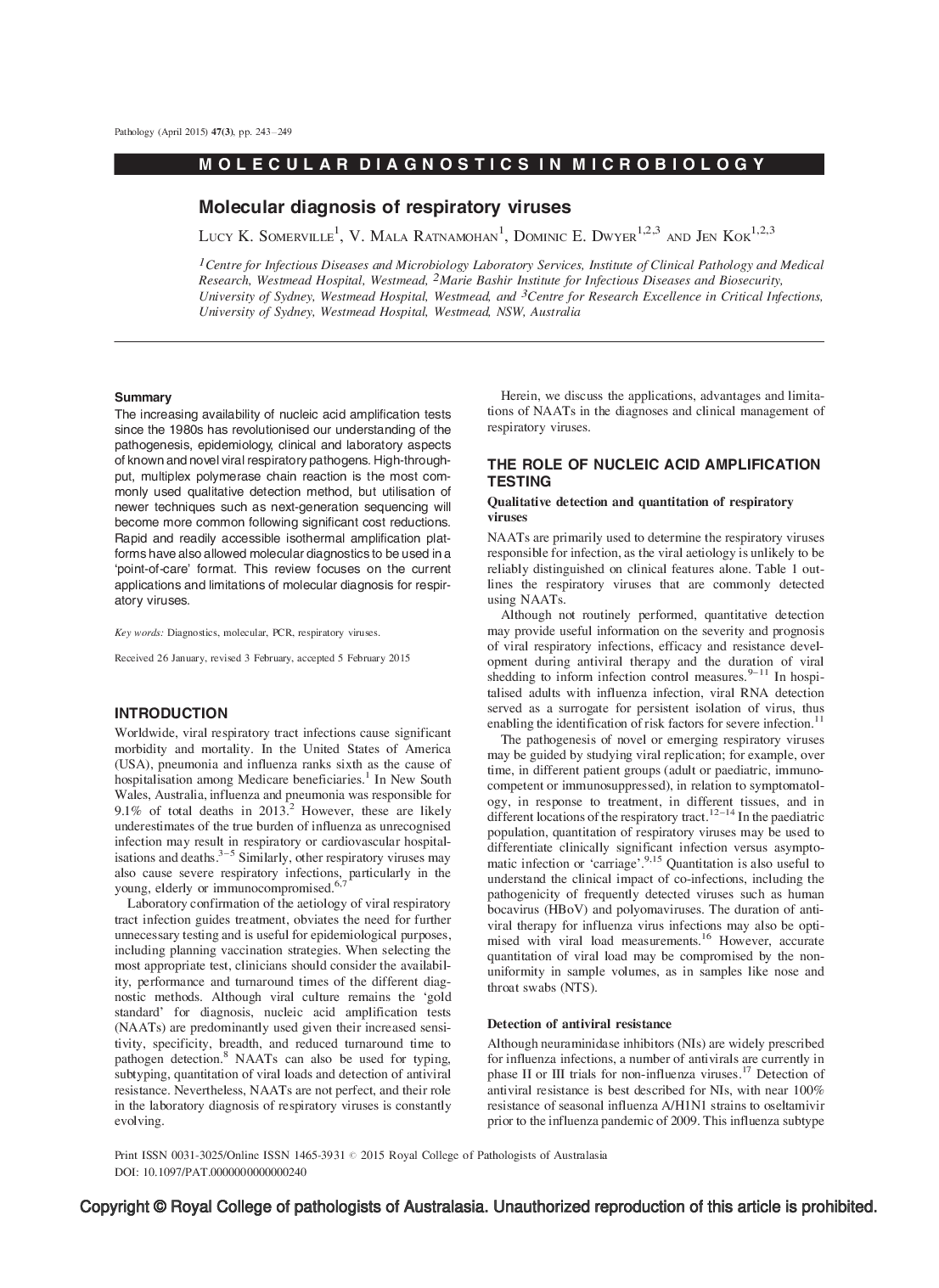 Molecular diagnosis of respiratory viruses