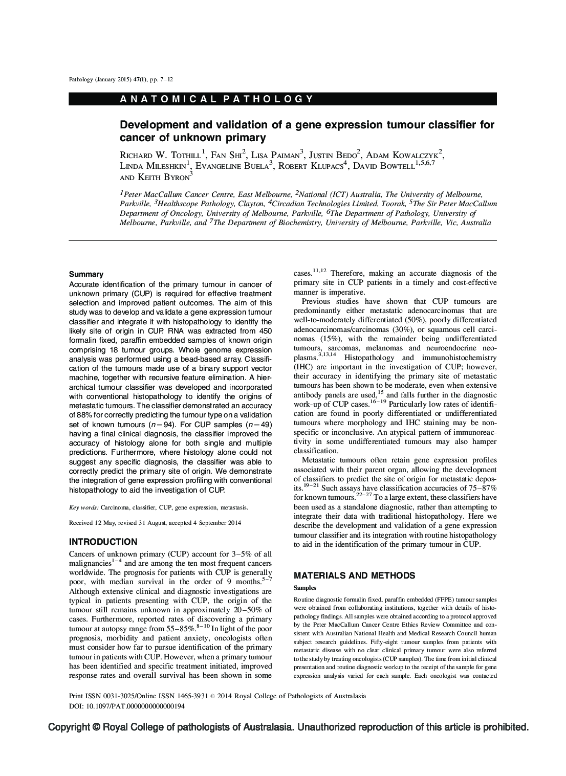 Development and validation of a gene expression tumour classifier for cancer of unknown primary