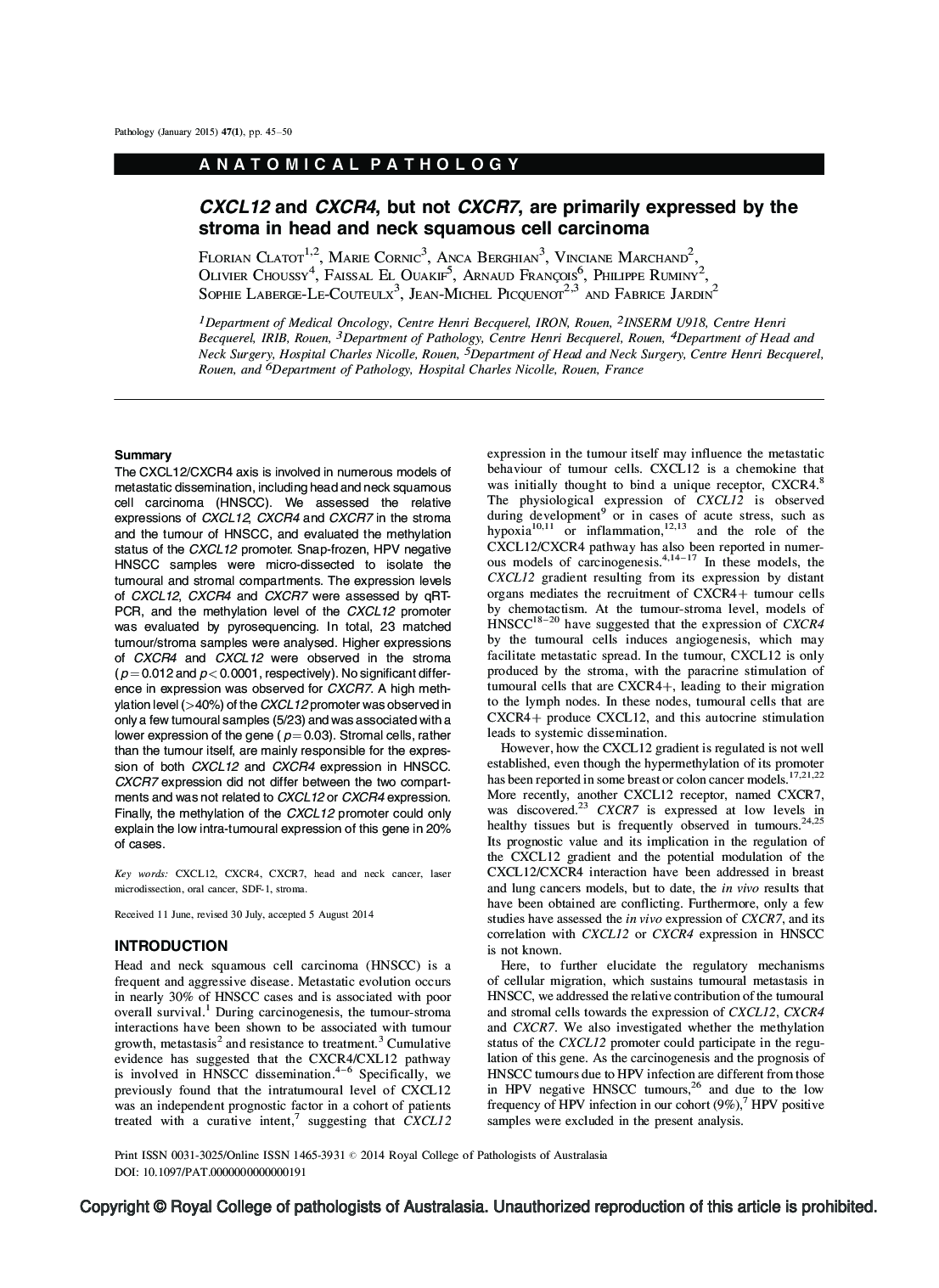 CXCL12 and CXCR4, but not CXCR7, are primarily expressed by the stroma in head and neck squamous cell carcinoma