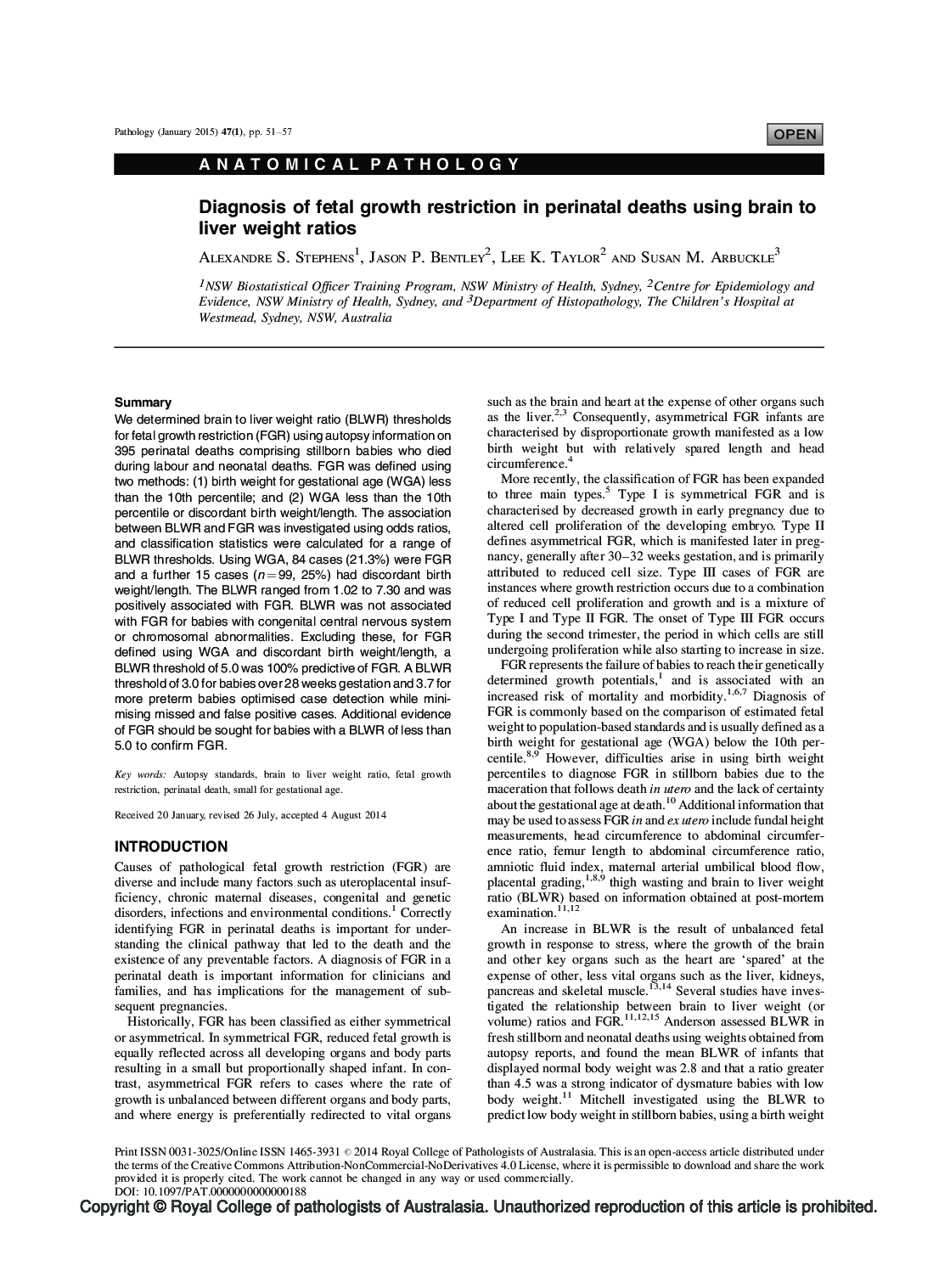 Diagnosis of fetal growth restriction in perinatal deaths using brain to liver weight ratios