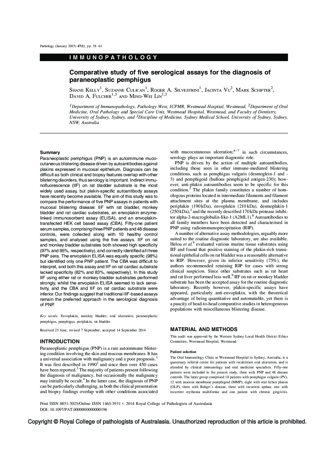 Comparative study of five serological assays for the diagnosis of paraneoplastic pemphigus