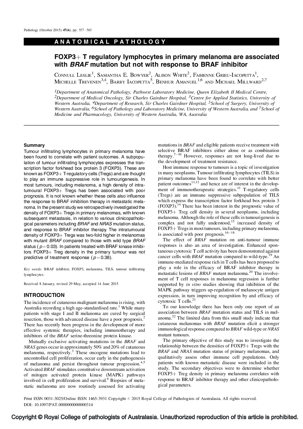 FOXP3+ T regulatory lymphocytes in primary melanoma are associated with BRAF mutation but not with response to BRAF inhibitor