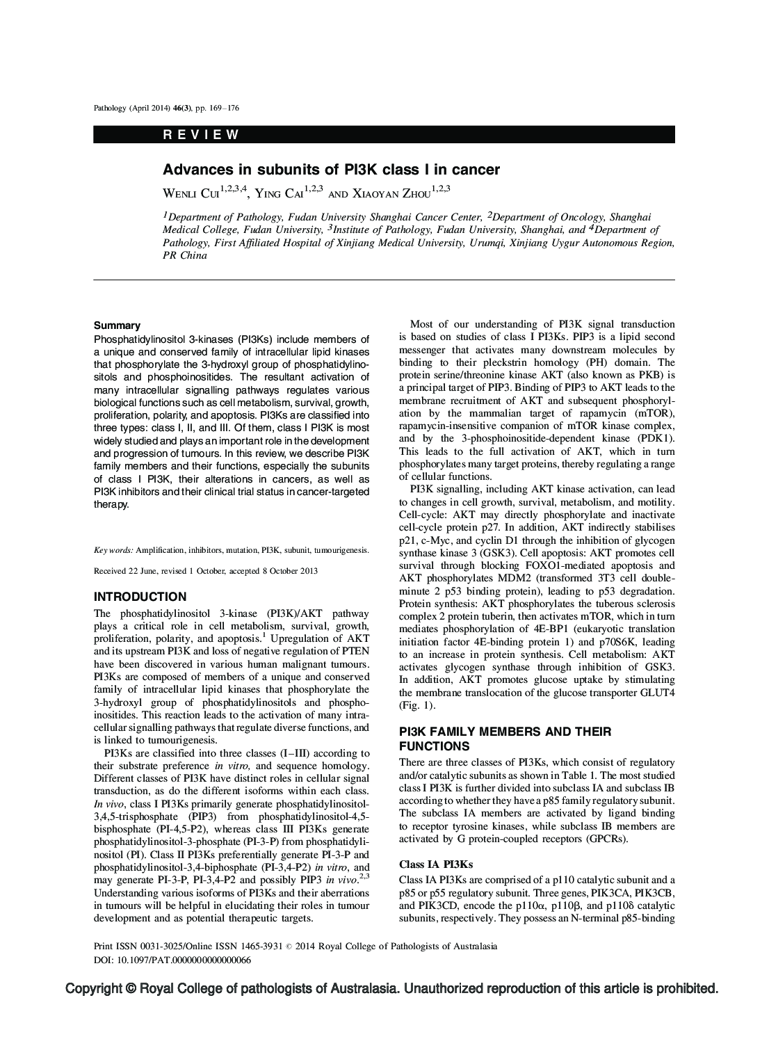 Advances in subunits of PI3K class I in cancer