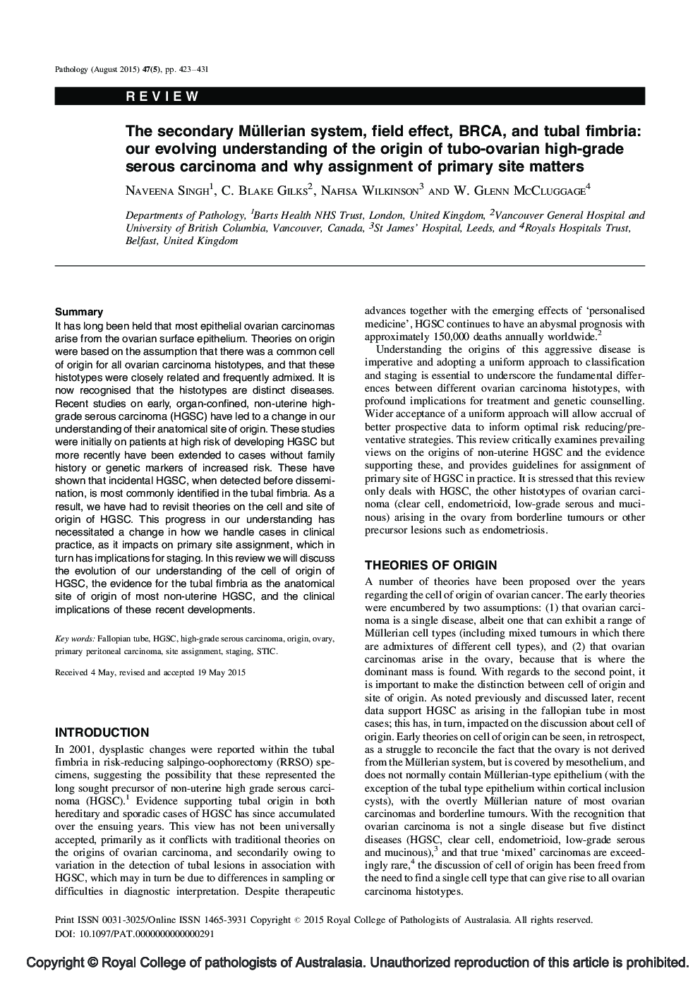 The secondary Müllerian system, field effect, BRCA, and tubal fimbria: our evolving understanding of the origin of tubo-ovarian high-grade serous carcinoma and why assignment of primary site matters