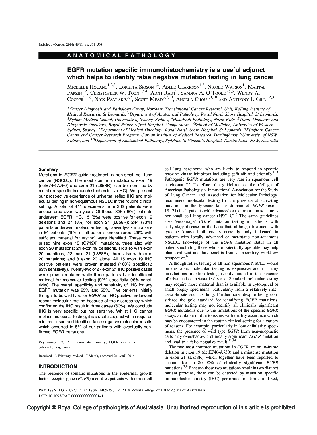 EGFR mutation specific immunohistochemistry is a useful adjunct which helps to identify false negative mutation testing in lung cancer