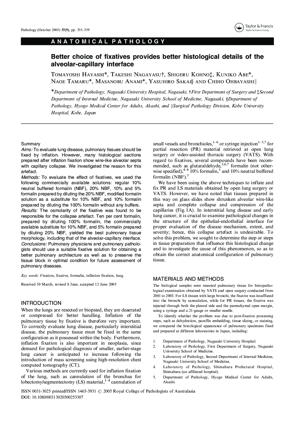 Better choice of fixatives provides better histological details of the alveolar-capillary interface