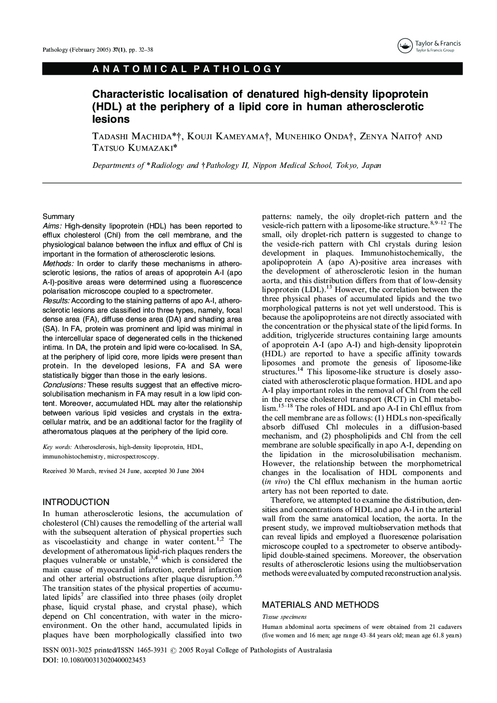 Characteristic localisation of denatured high-density lipoprotein (HDL) at the periphery of a lipid core in human atherosclerotic lesions