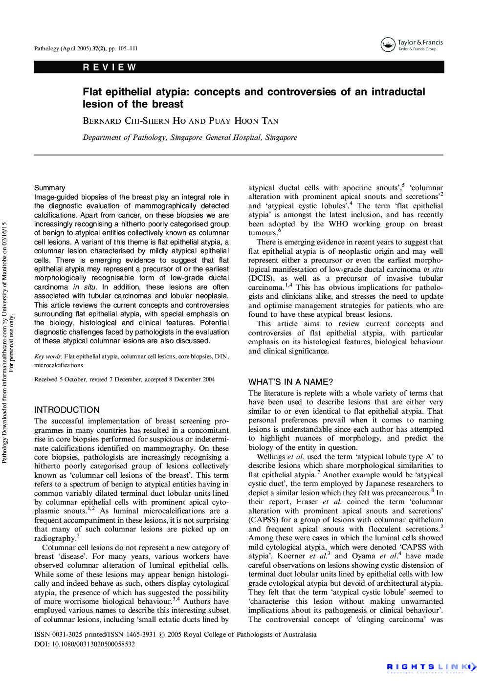 Flat epithelial atypia: concepts and controversies of an intraductal lesion of the breast