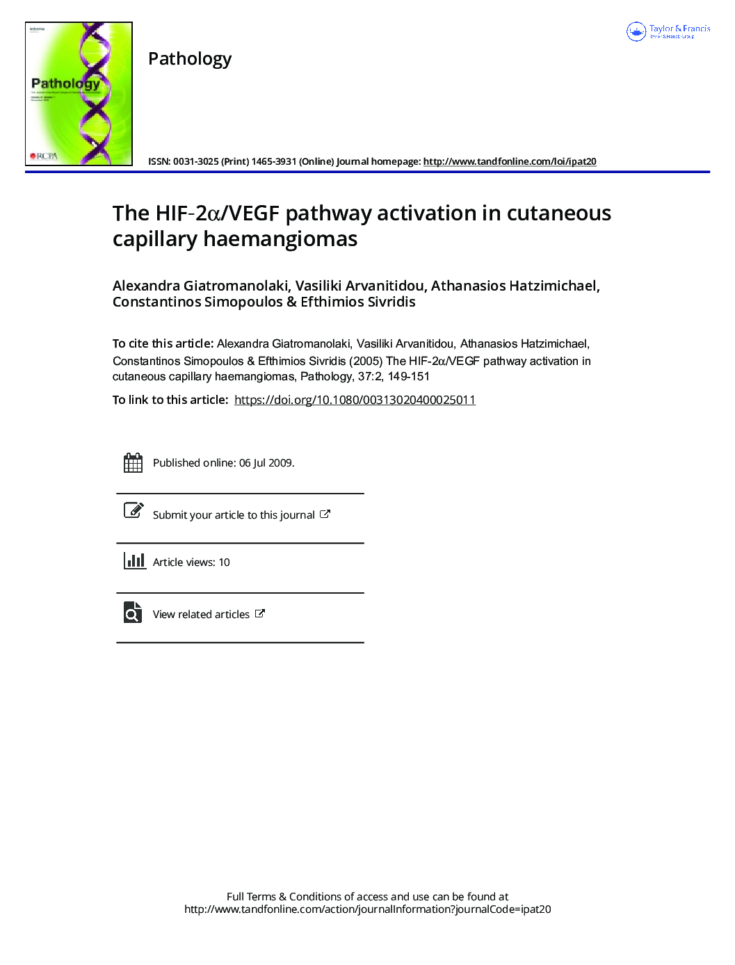 The HIF-2Î±/VEGF pathway activation in cutaneous capillary haemangiomas