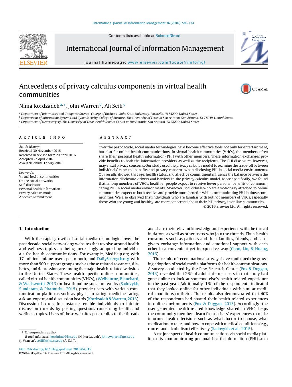 Antecedents of privacy calculus components in virtual health communities