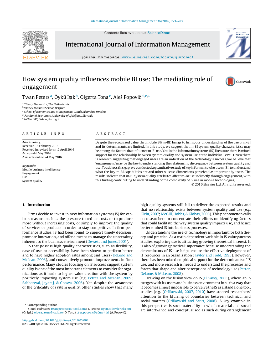 How system quality influences mobile BI use: The mediating role of engagement