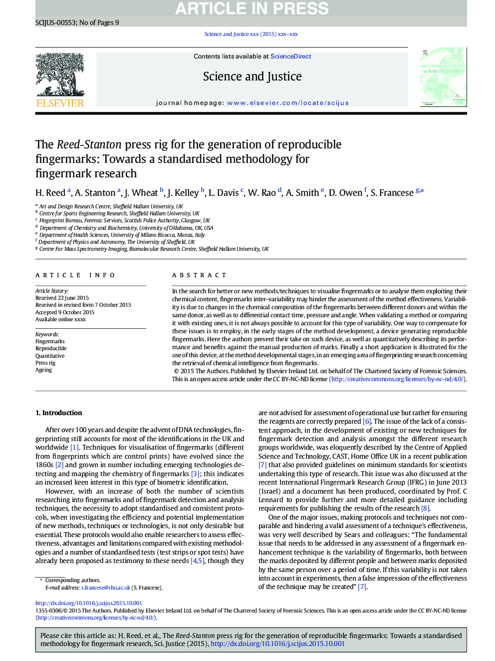 The Reed-Stanton press rig for the generation of reproducible fingermarks: Towards a standardised methodology for fingermark research