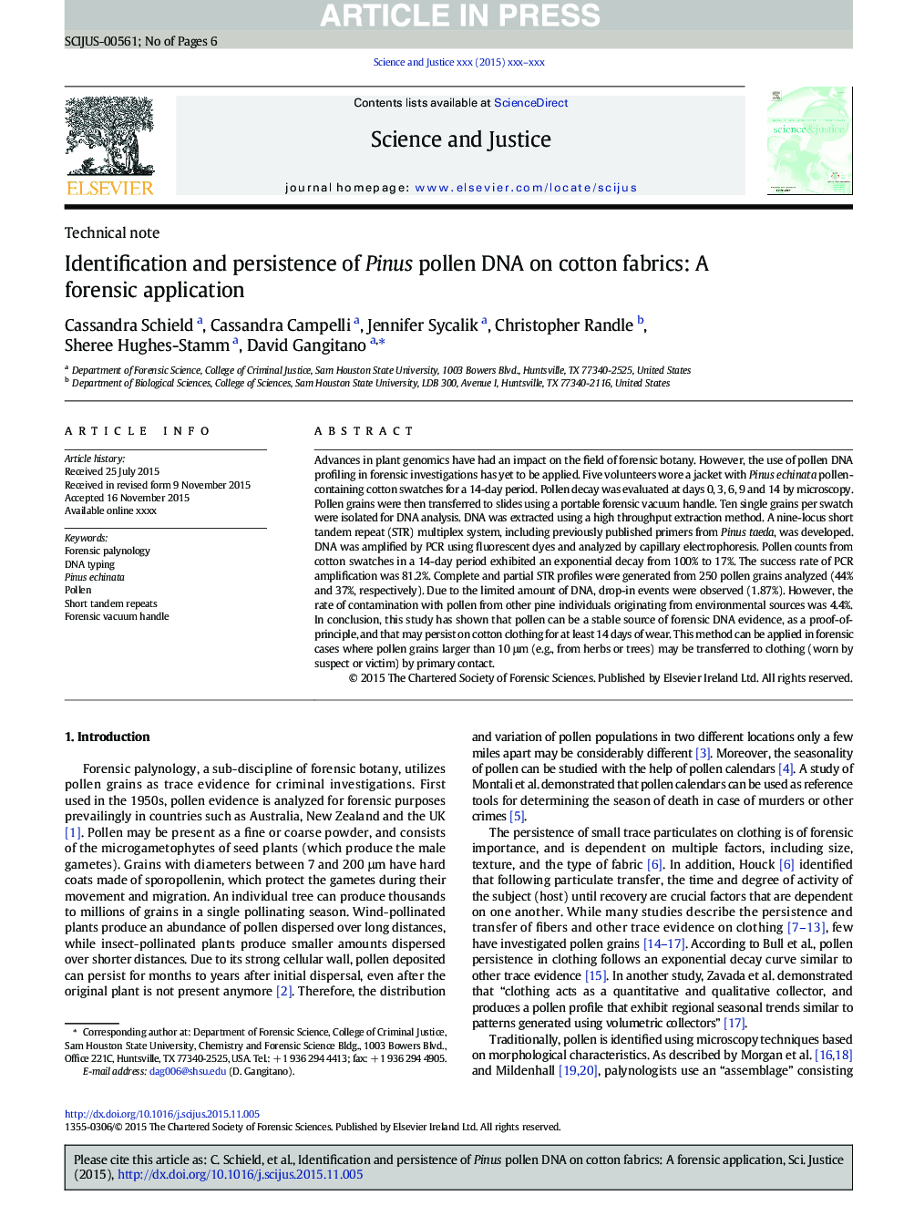 Identification and persistence of Pinus pollen DNA on cotton fabrics: A forensic application