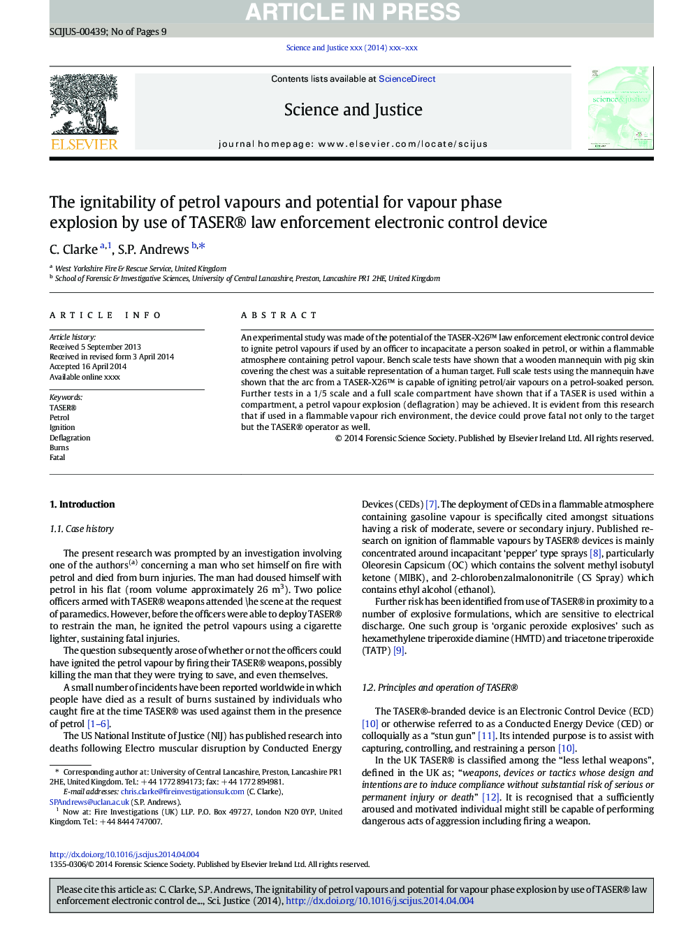 The ignitability of petrol vapours and potential for vapour phase explosion by use of TASER® law enforcement electronic control device