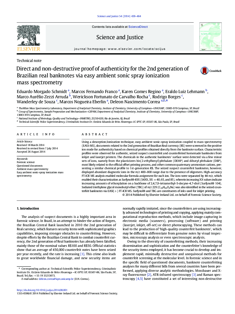 Direct and non-destructive proof of authenticity for the 2nd generation of Brazilian real banknotes via easy ambient sonic spray ionization mass spectrometry