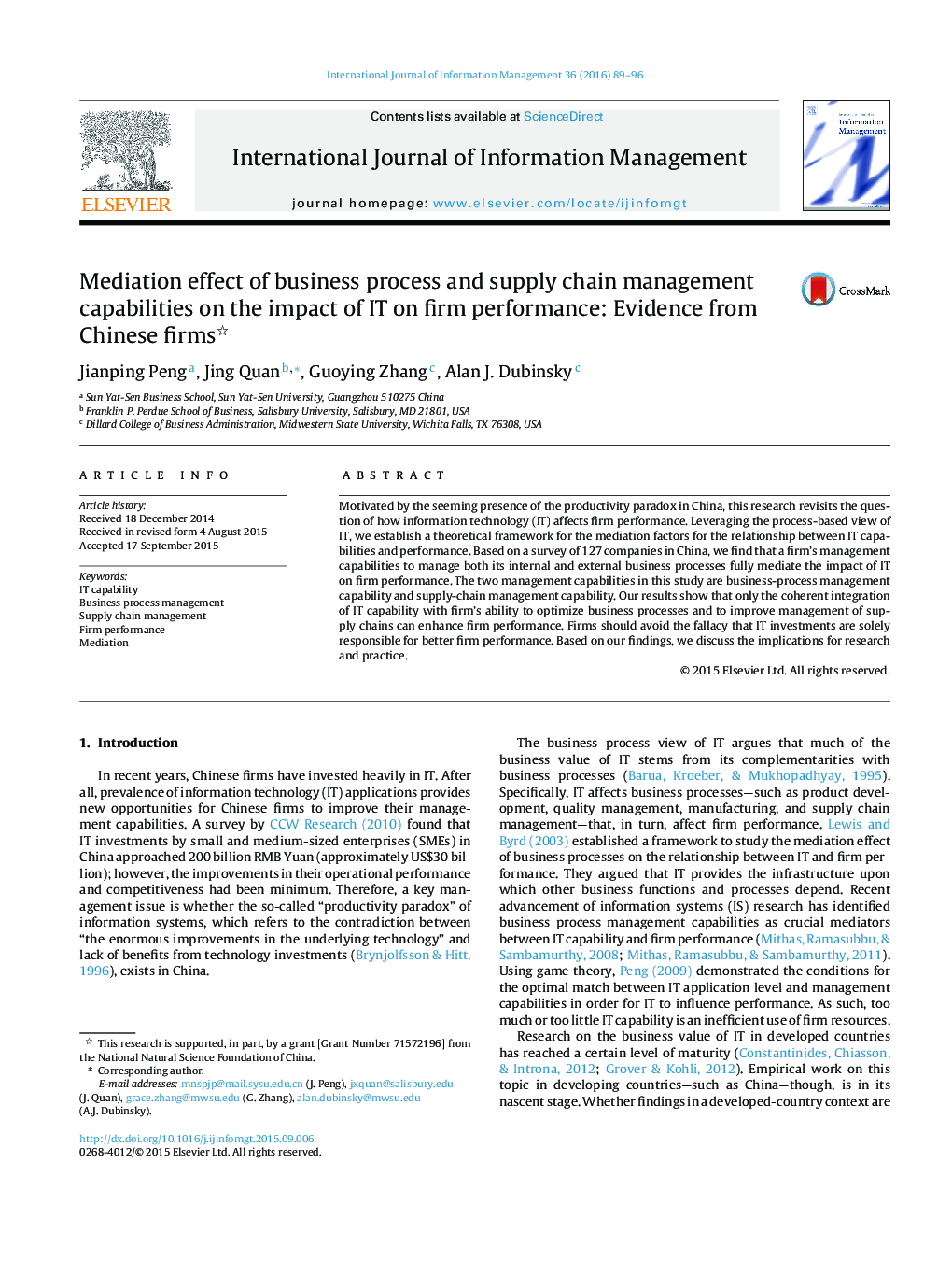 Mediation effect of business process and supply chain management capabilities on the impact of IT on firm performance: Evidence from Chinese firms 