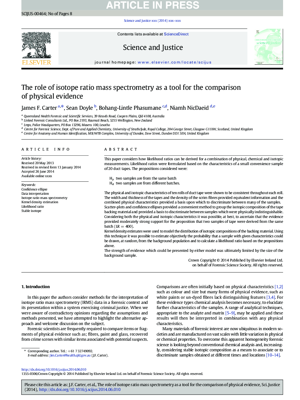 The role of isotope ratio mass spectrometry as a tool for the comparison of physical evidence