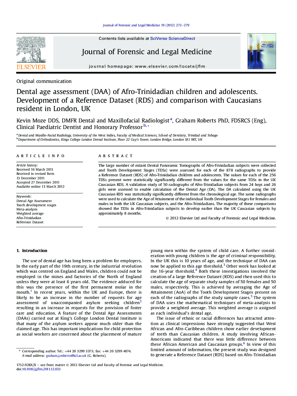 Dental age assessment (DAA) of Afro-Trinidadian children and adolescents. Development of a Reference Dataset (RDS) and comparison with Caucasians resident in London, UK