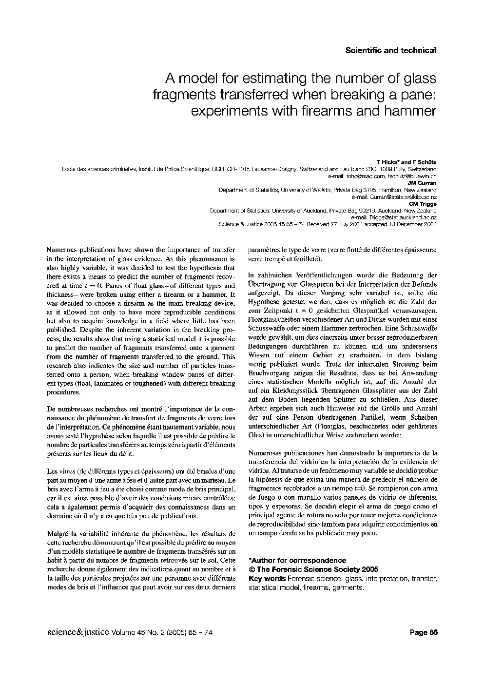 A model for estimating the number of glass fragments transferred when breaking a pane: experiments with firearms and hammer