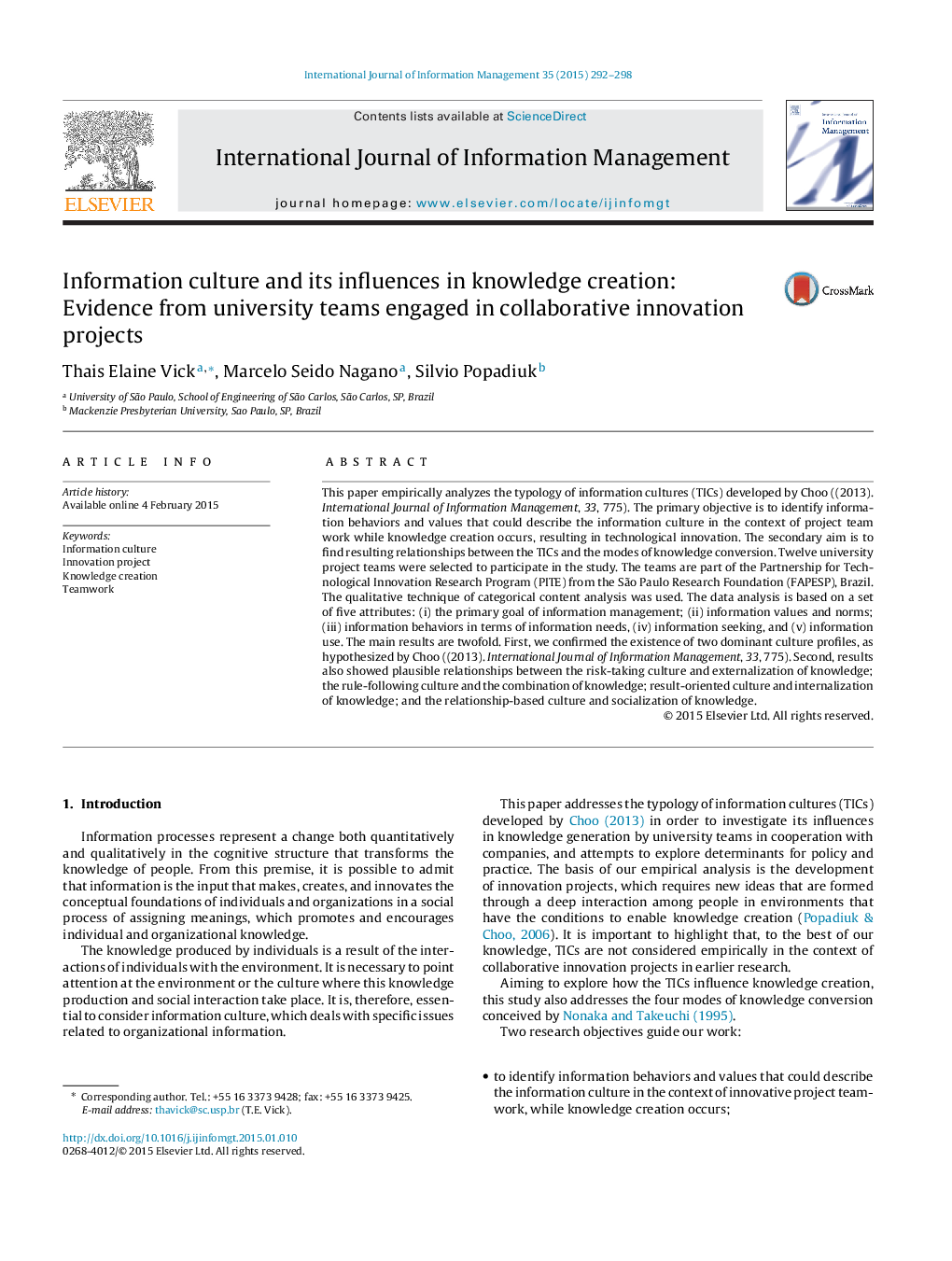 Information culture and its influences in knowledge creation: Evidence from university teams engaged in collaborative innovation projects