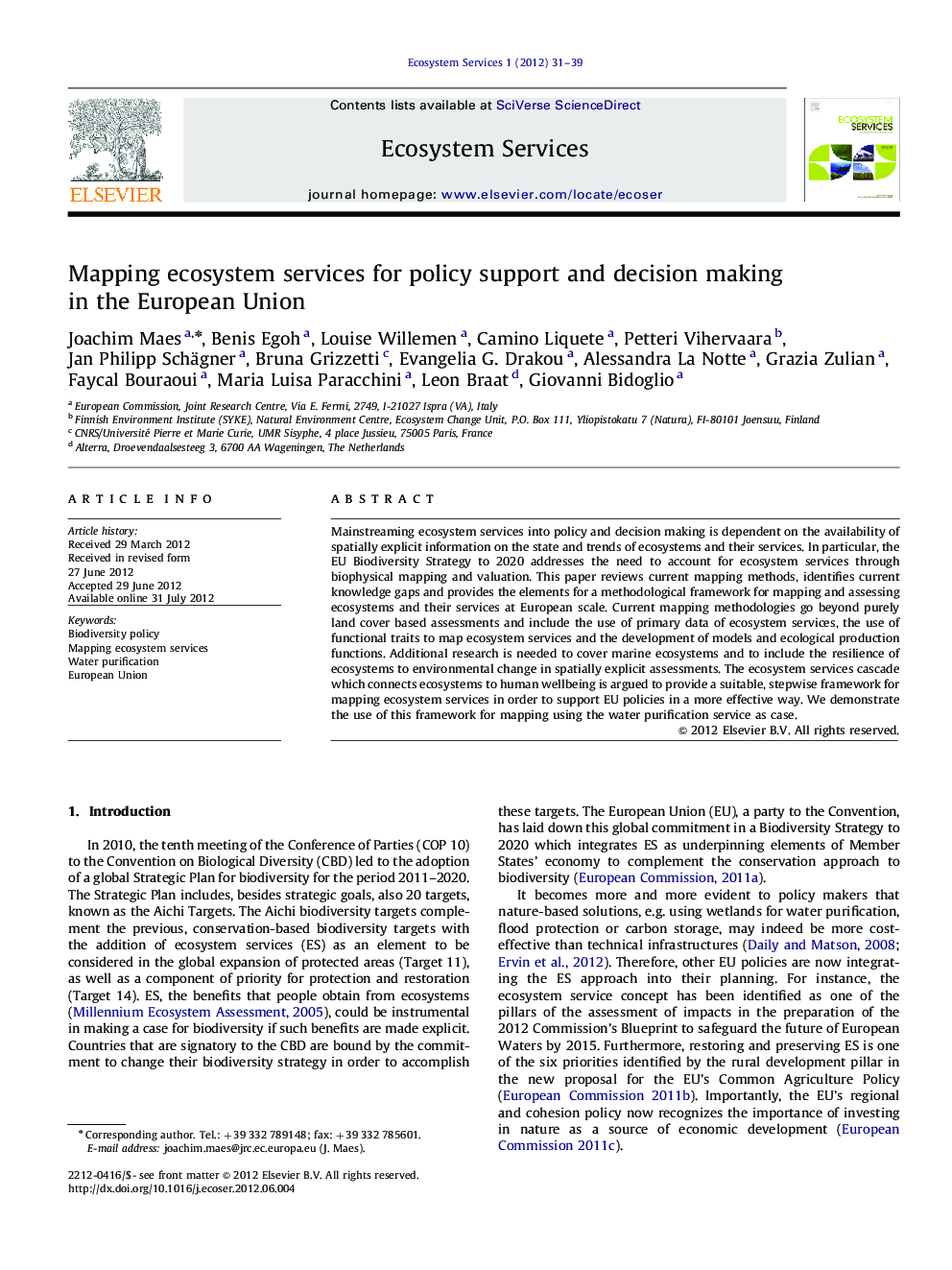 Mapping ecosystem services for policy support and decision making in the European Union