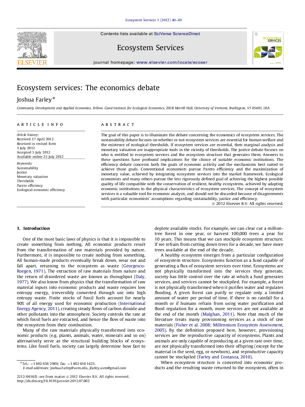 Ecosystem services: The economics debate