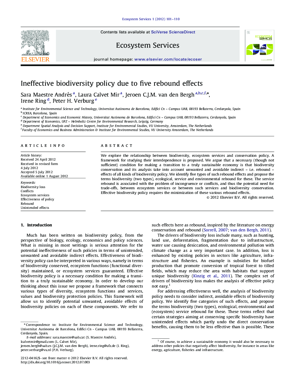 Ineffective biodiversity policy due to five rebound effects