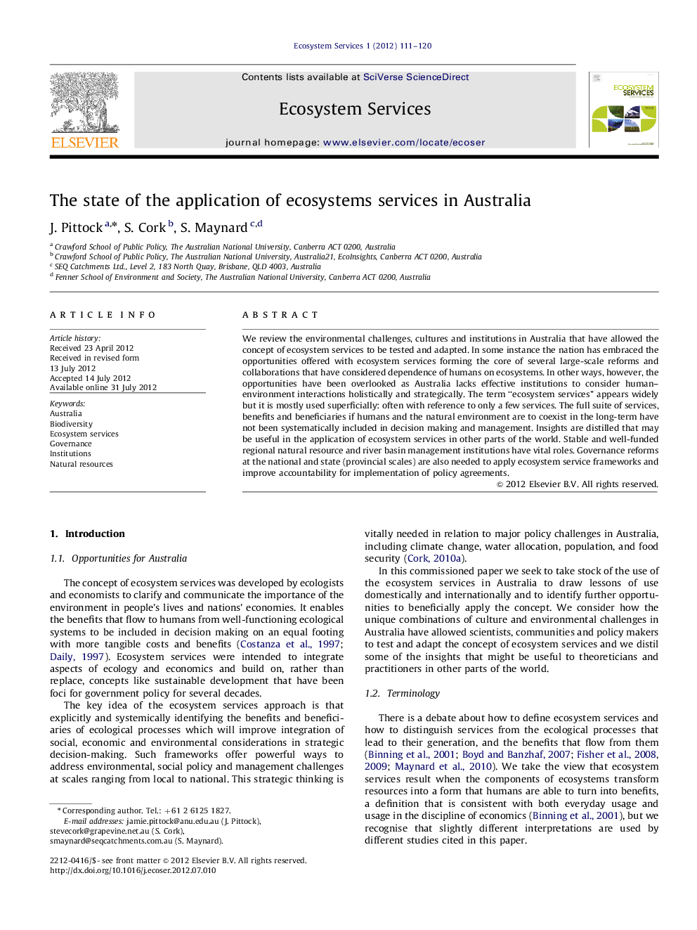 The state of the application of ecosystems services in Australia