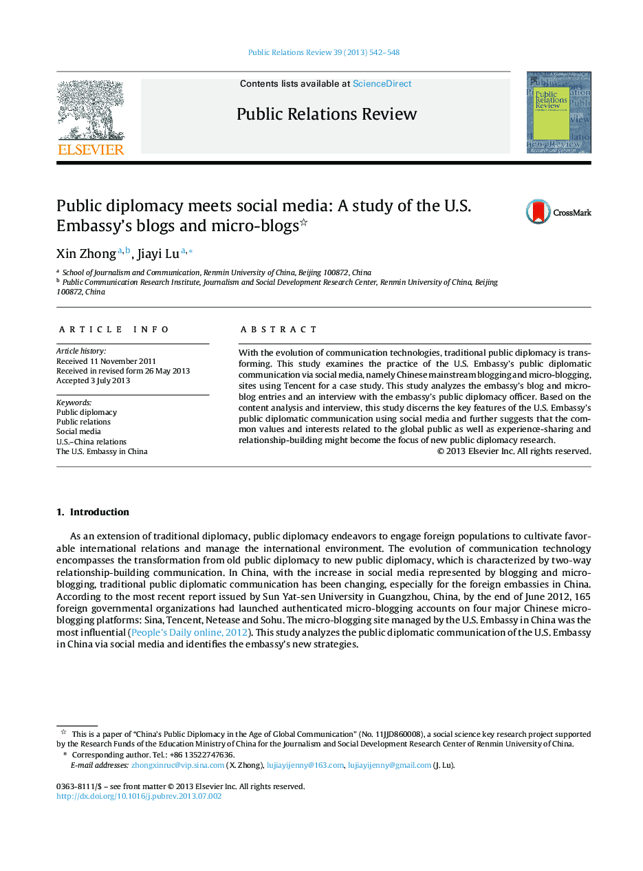 Public diplomacy meets social media: A study of the U.S. Embassy's blogs and micro-blogs