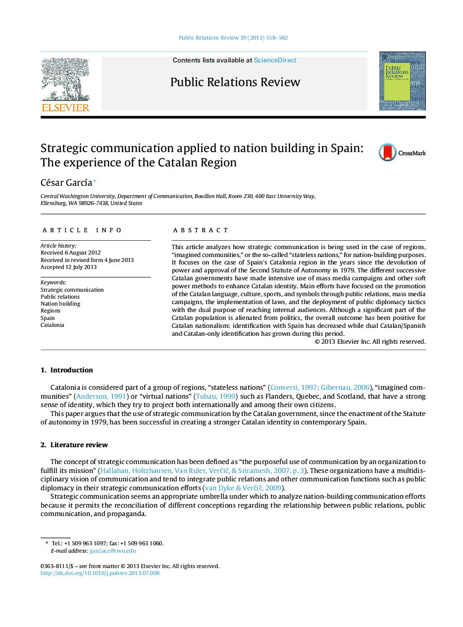 Strategic communication applied to nation building in Spain: The experience of the Catalan Region