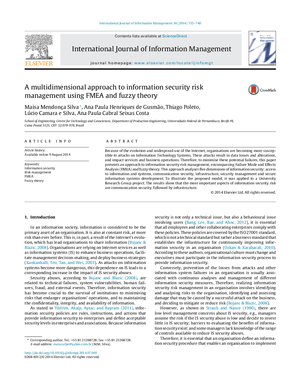 A multidimensional approach to information security risk management using FMEA and fuzzy theory