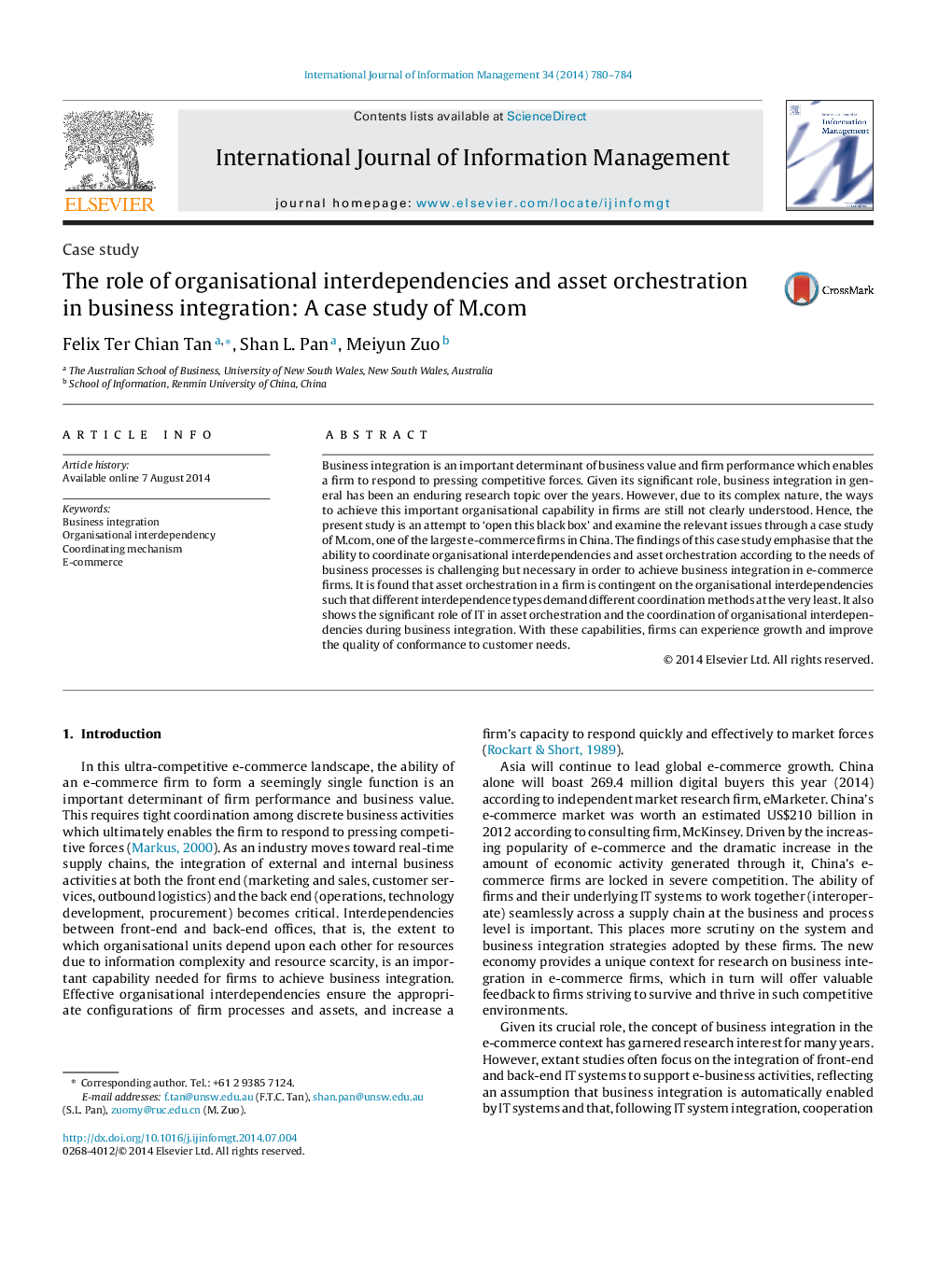 The role of organisational interdependencies and asset orchestration in business integration: A case study of M.com