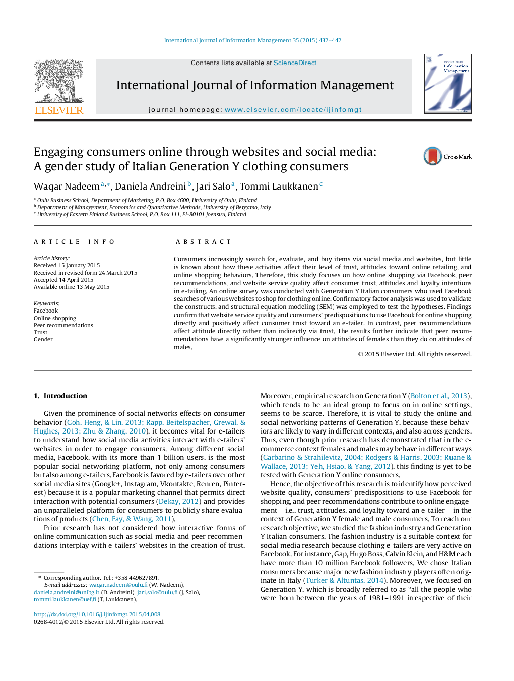 Engaging consumers online through websites and social media: A gender study of Italian Generation Y clothing consumers