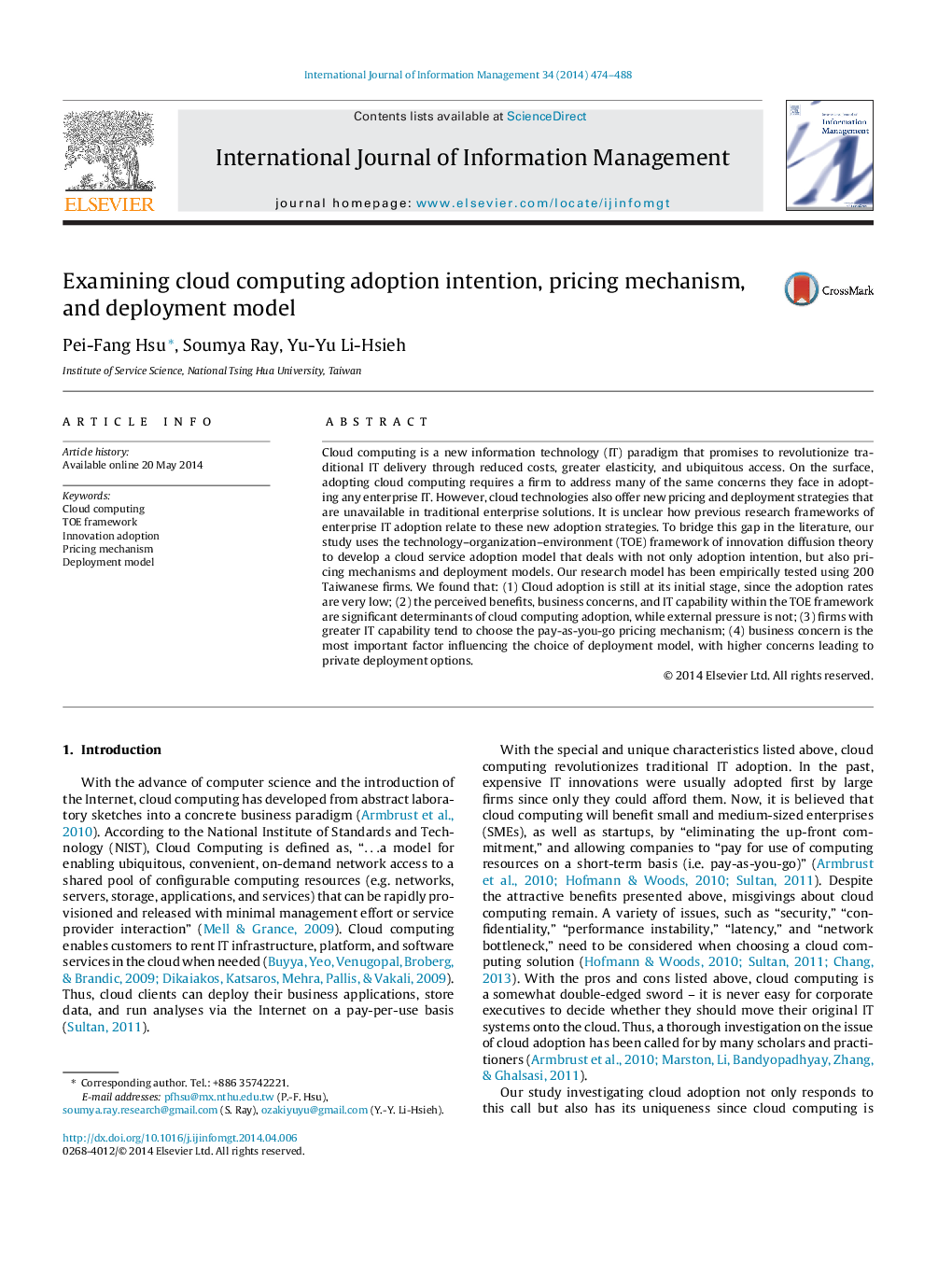 Examining cloud computing adoption intention, pricing mechanism, and deployment model