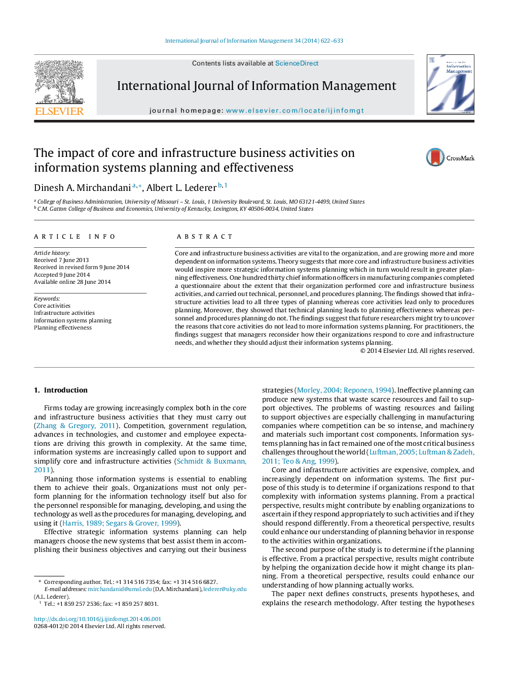 The impact of core and infrastructure business activities on information systems planning and effectiveness