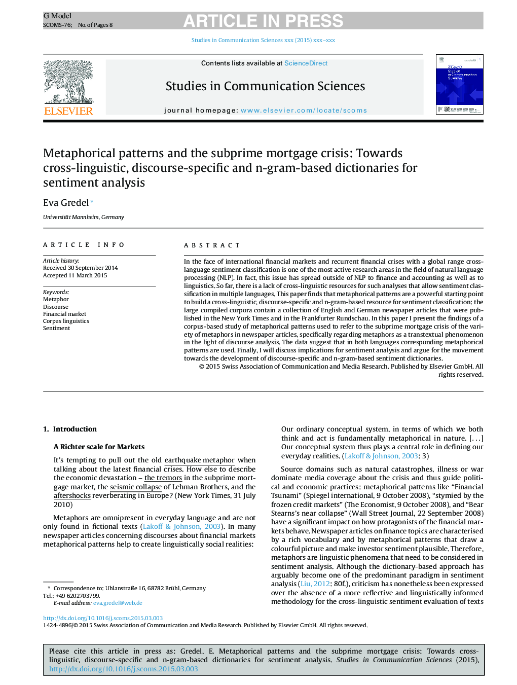 Metaphorical patterns and the subprime mortgage crisis: Towards cross-linguistic, discourse-specific and n-gram-based dictionaries for sentiment analysis