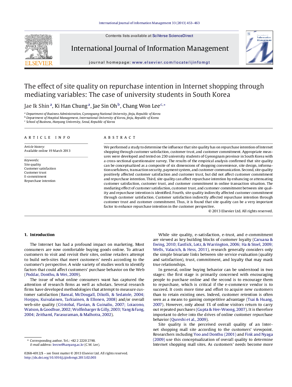 The effect of site quality on repurchase intention in Internet shopping through mediating variables: The case of university students in South Korea