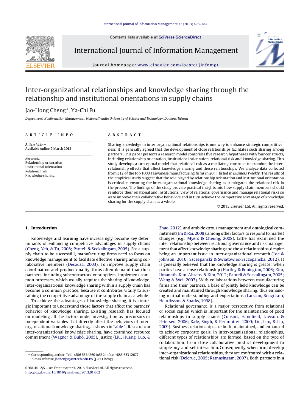 Inter-organizational relationships and knowledge sharing through the relationship and institutional orientations in supply chains