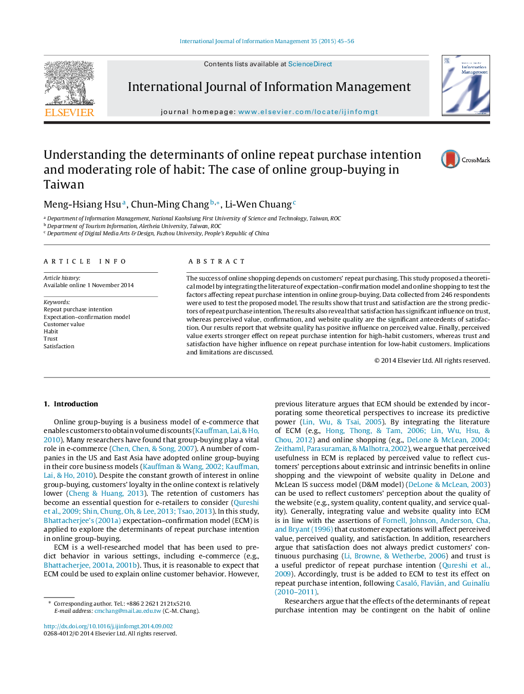 Understanding the determinants of online repeat purchase intention and moderating role of habit: The case of online group-buying in Taiwan