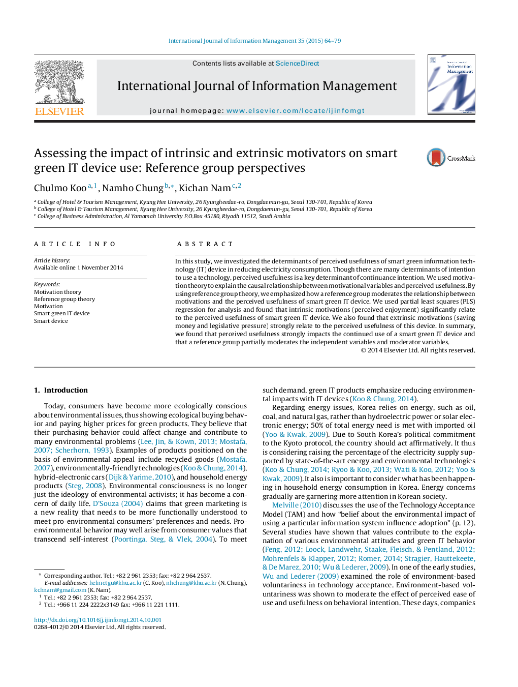 Assessing the impact of intrinsic and extrinsic motivators on smart green IT device use: Reference group perspectives