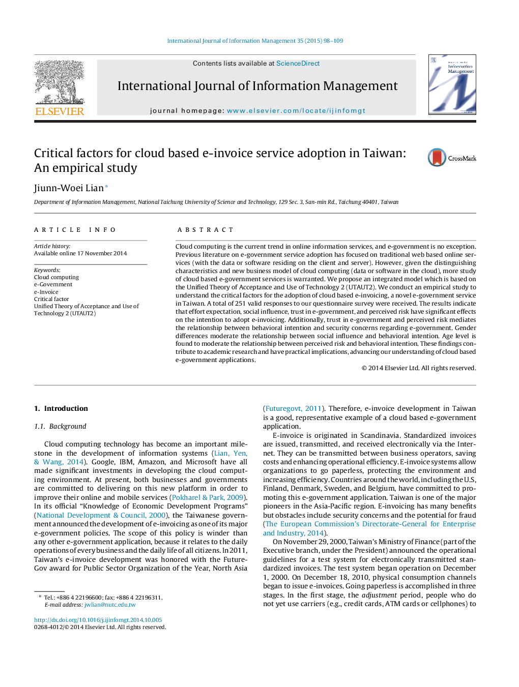 Critical factors for cloud based e-invoice service adoption in Taiwan: An empirical study