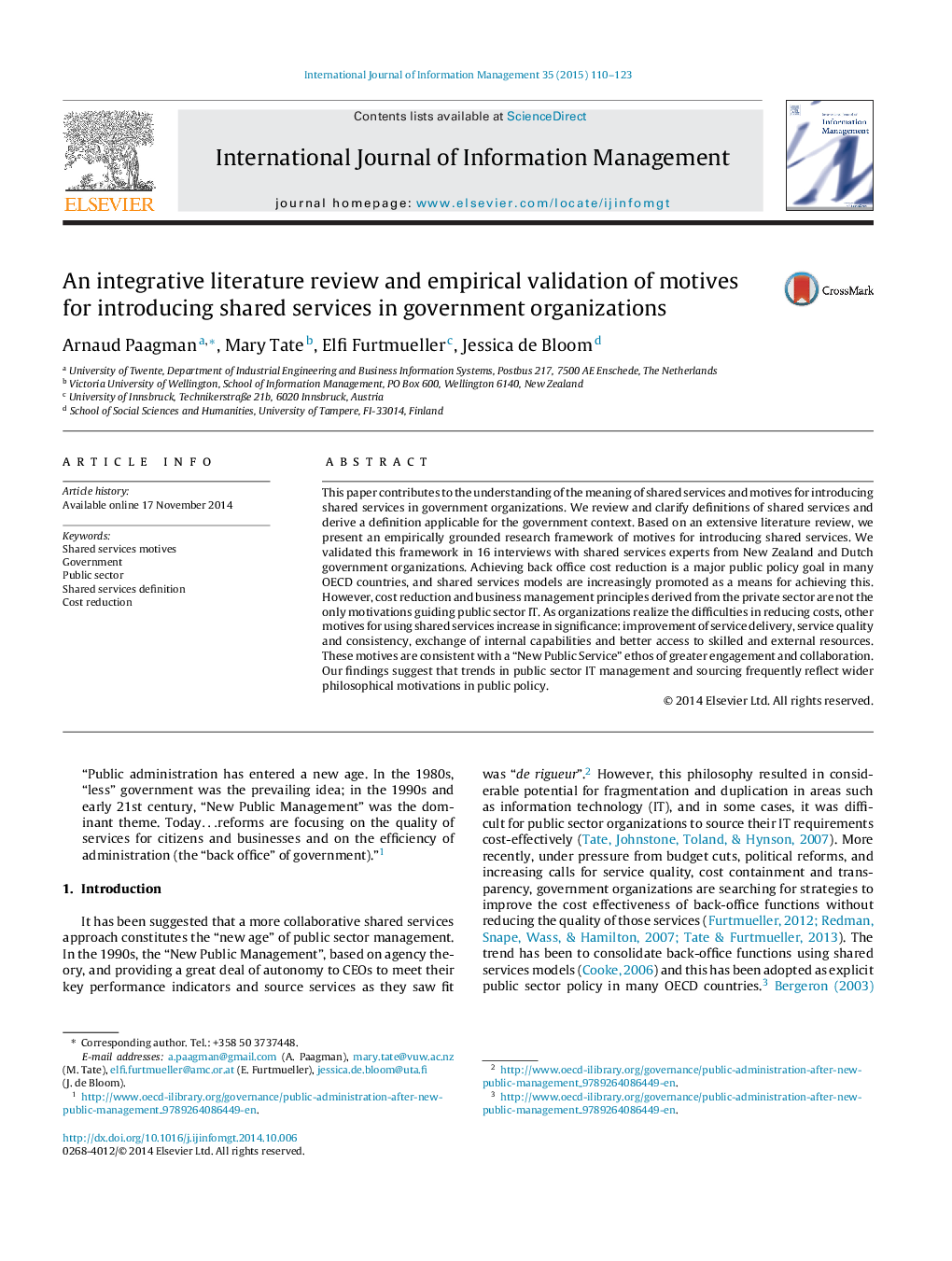 An integrative literature review and empirical validation of motives for introducing shared services in government organizations