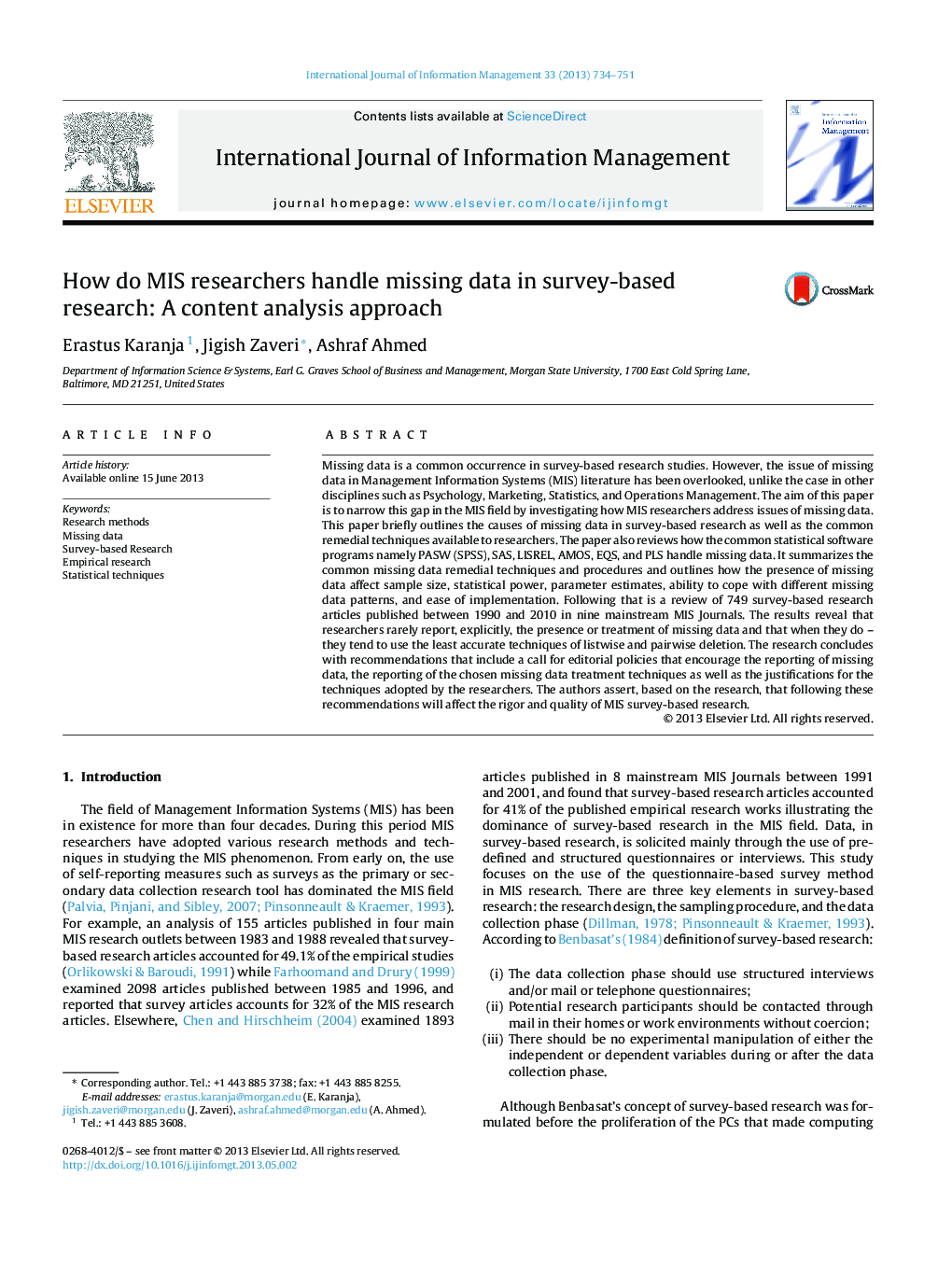 How do MIS researchers handle missing data in survey-based research: A content analysis approach