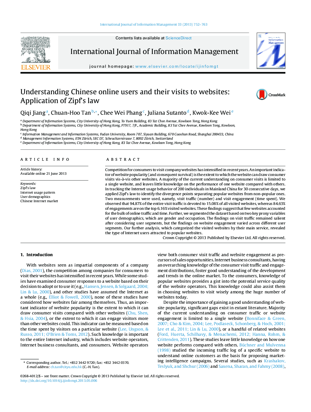 Understanding Chinese online users and their visits to websites: Application of Zipf's law