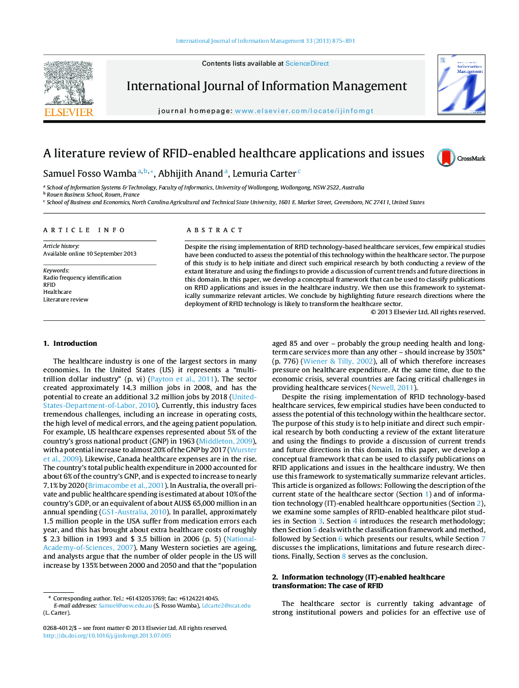 A literature review of RFID-enabled healthcare applications and issues