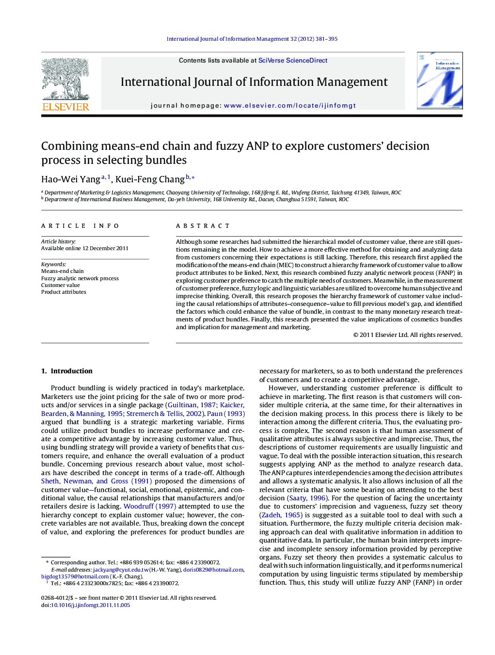 Combining means-end chain and fuzzy ANP to explore customers’ decision process in selecting bundles