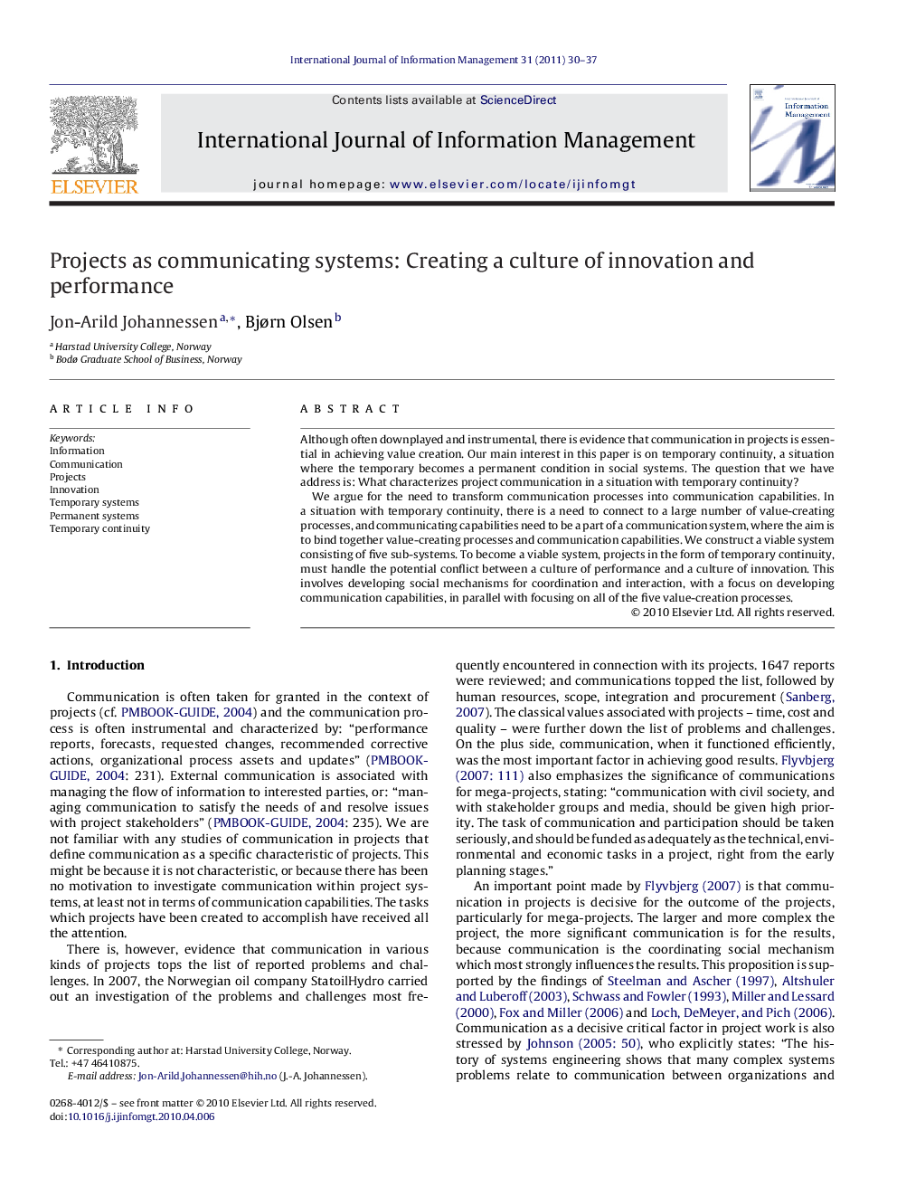 Projects as communicating systems: Creating a culture of innovation and performance