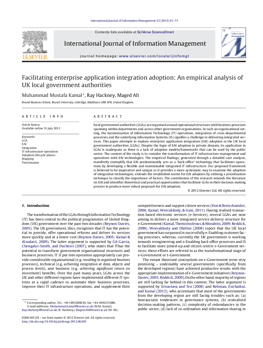 Facilitating enterprise application integration adoption: An empirical analysis of UK local government authorities